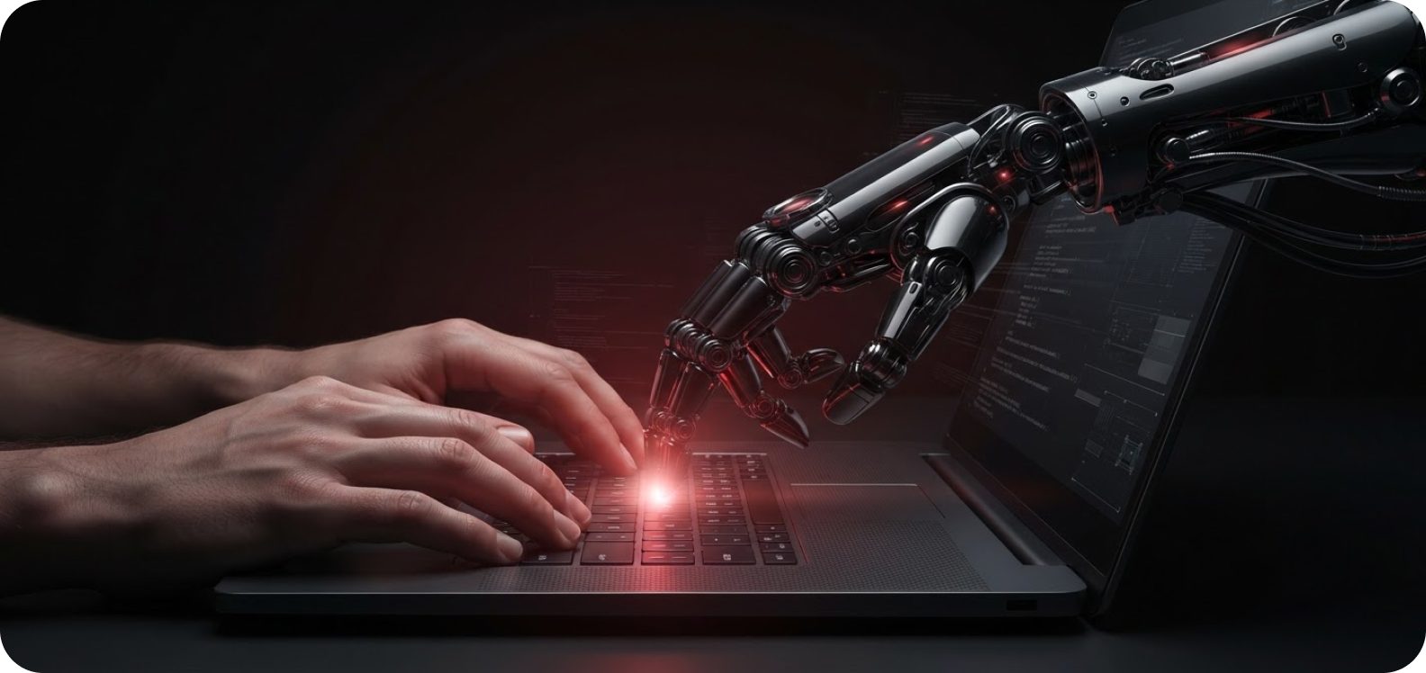 Рука человека и роботизированная рука на клавиатуре ноутбука